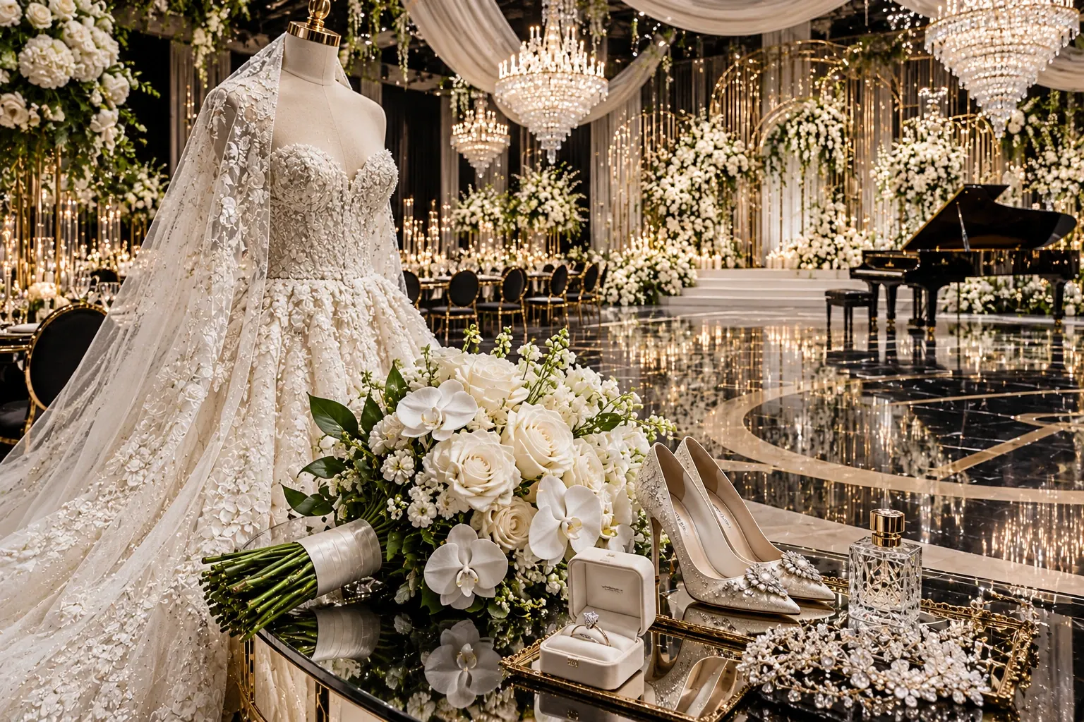 Bridal accessories and bouquet study